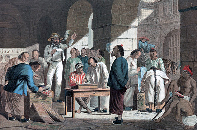 Торговля английскими товарами в Китае, 1858 г. Олеография