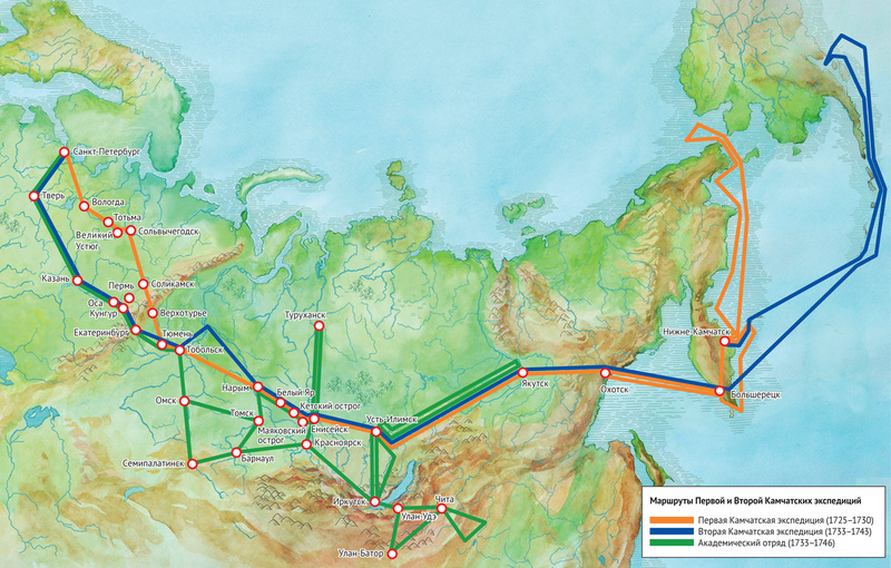Первая и Вторая Камчатские экспедиции на карте